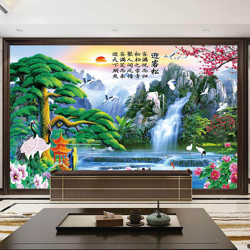 迎客松自粘山水风景画客厅墙贴画电视背景墙贴纸年画墙面装饰墙纸