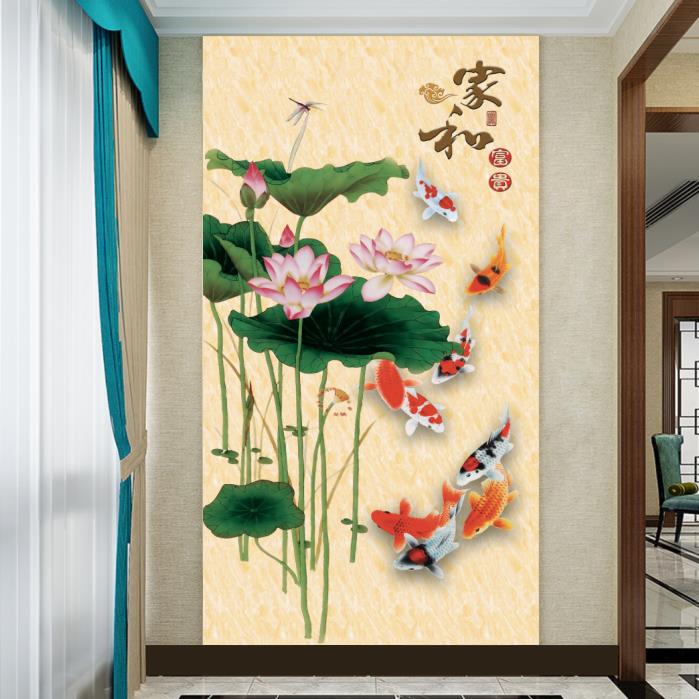 荷花九鱼图招财装饰画客厅餐厅装饰画玄关贴画家和富贵壁画贴纸图片