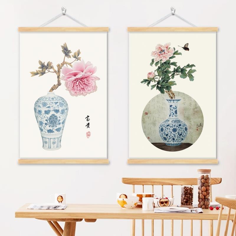 新中式客厅装饰画禅意茶室挂画牡丹荷花桃花花瓶家和平安富贵壁画图片