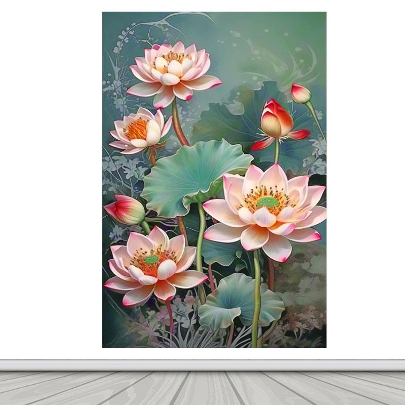 竖版荷花风景油画荷荷美美富贵花开吉祥装饰画客厅背景墙自粘画图片