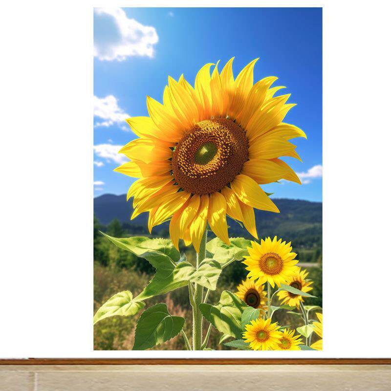 竖版太阳花向日葵大自然蓝天白云自粘装饰画客厅玄关背景墙风景画