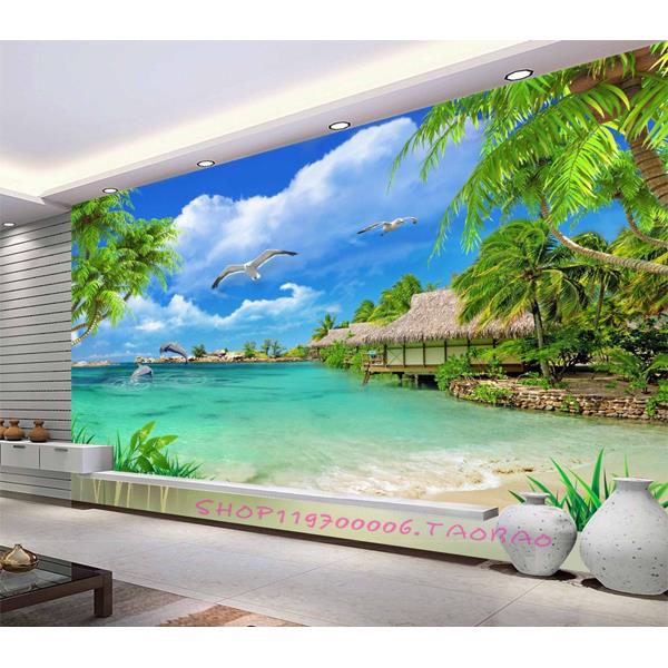 创意3D电视沙发背景墙装饰贴画卧室海景自粘墙纸客厅风景无缝壁画