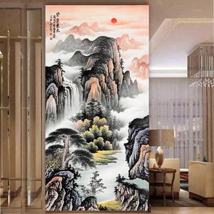 紫气东来入户玄关装饰画旭日东升泰山迎客松走廊过道墙贴自粘壁画