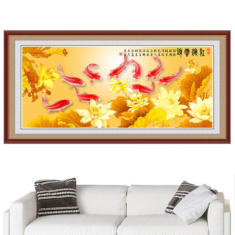 新中式荷花九鱼图客厅卧室装饰画鸿运当头锦鲤墙贴壁画招财风水画图片