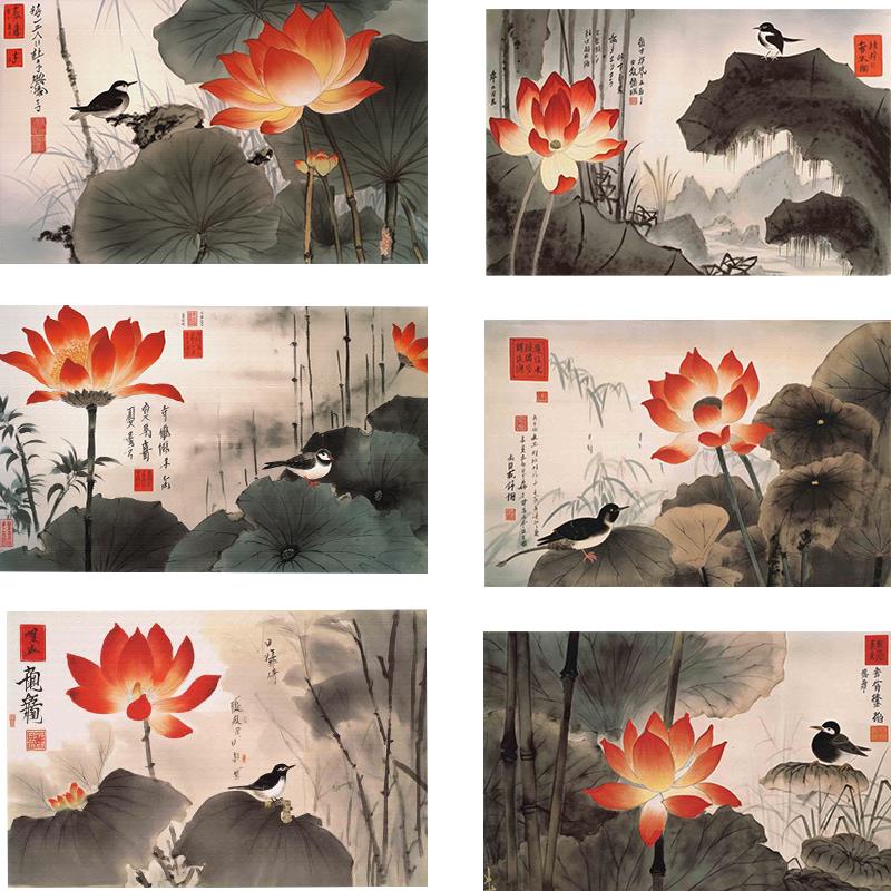 新中式荷花水墨风景画房间客厅横板画自粘荷花花鸟纯手绘的荷塘画