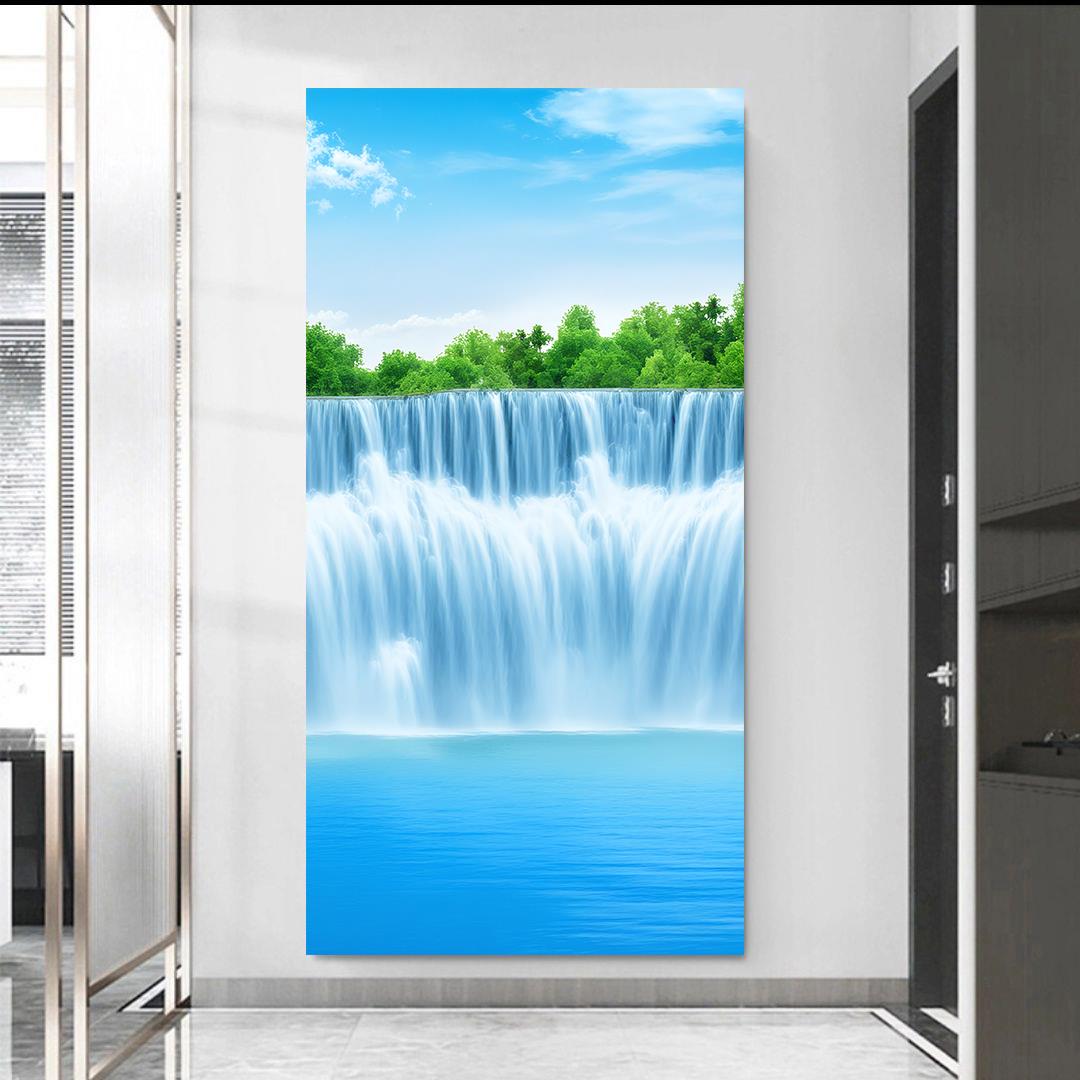 山水画大瀑布风景进门玄关装饰画流水生财财源滚滚客厅过道自粘画
