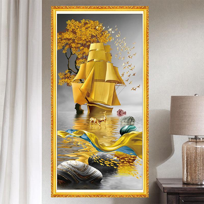 现代简约客厅进门墙玄关一帆风顺自粘壁画走廊金色麋鹿帆船墙贴纸