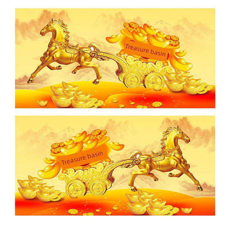 奔马图马拉车挂画客厅聚宝盆贴画元宝自粘画风水画金马装饰画定制