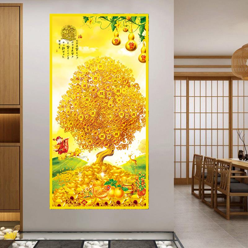现代中式金玉满堂发财树玄关过道背景墙纸自粘壁画走廊墙贴画防水