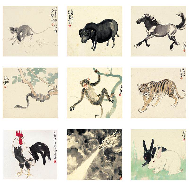 十二生肖徐悲鸿国画牛龙猪马鸡羊虎蛇猴动物挂画背胶自粘布画壁画