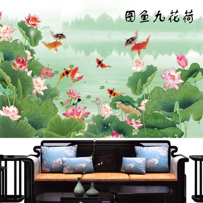 荷花九鱼图莲花图中式贴画墙贴背景客厅沙发自粘壁画装饰画贴纸图片