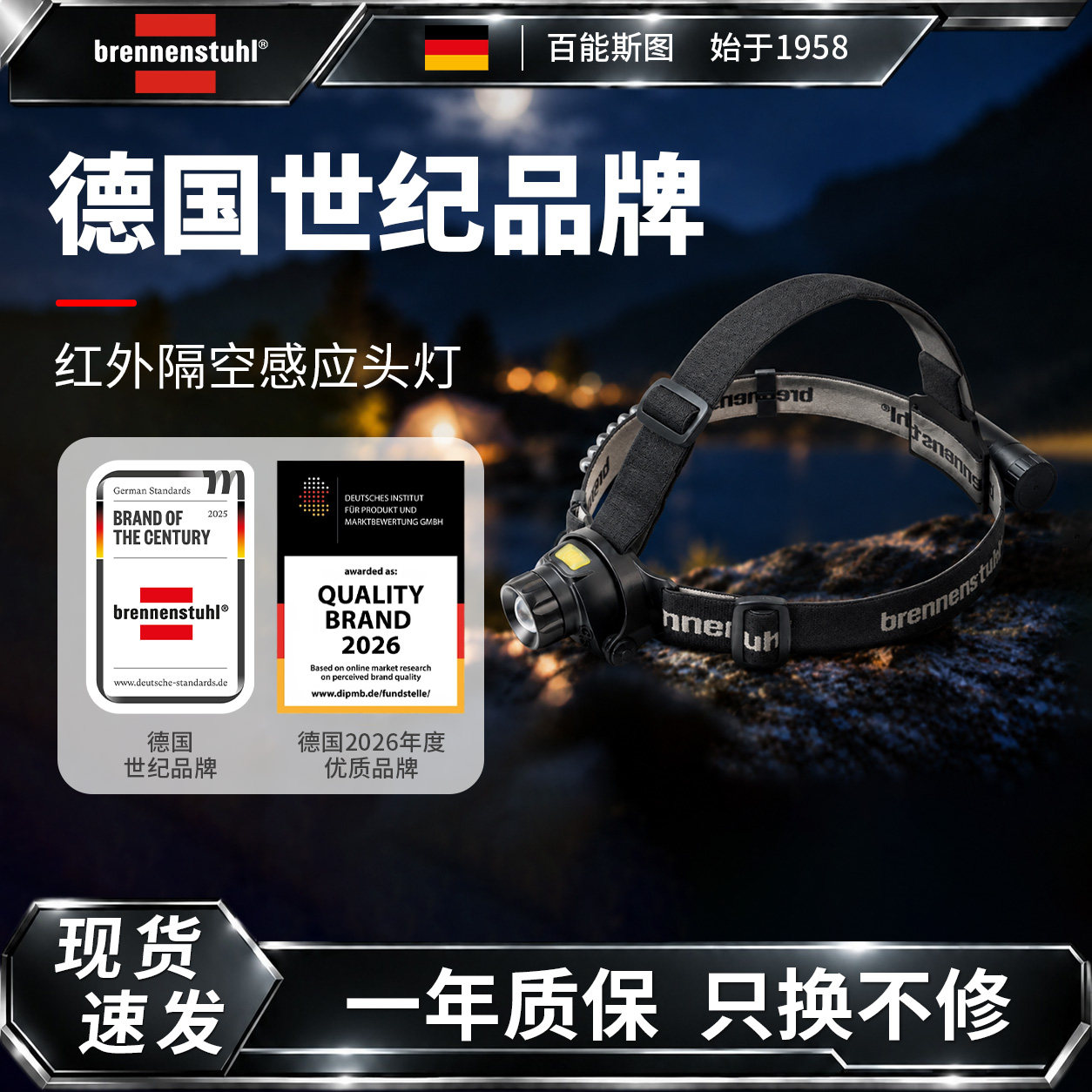 百能斯图头戴式户外强光钓鱼徒步越野跑超长续航感应变焦防水头灯