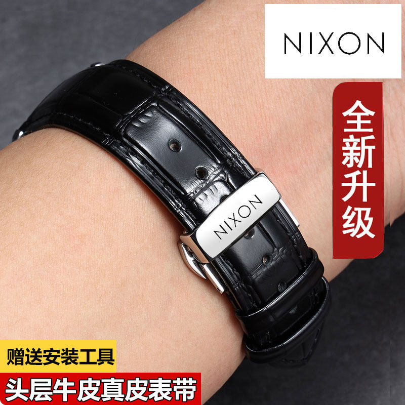 尼克松NIXON手表带真皮蝴蝶扣男女通用机械牛皮表链16/18/19/20mm
