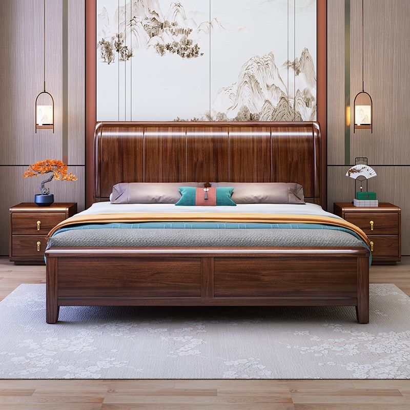 黑胡桃木实木床现代简约1米5主卧高端中式榫卯结构双人床1米8