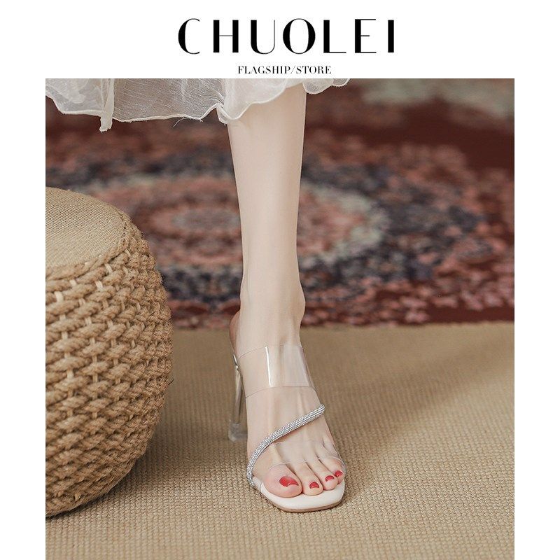 踩屎感粗跟凉鞋女2025夏季新款法式外穿绝美一字透明水晶高跟拖鞋,女鞋,时装凉鞋,淘宝优惠券,粉丝福利购,淘宝优惠卷