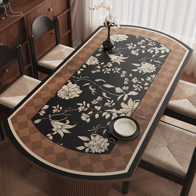 中古风椭圆形桌垫2025新款防水防油免洗防烫皮革餐桌布茶几垫台布