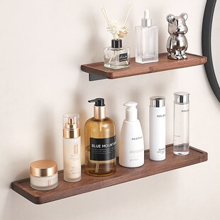 卫生间胡桃木浴室置物架实木一字板墙上壁挂收纳洗U手间化妆品收