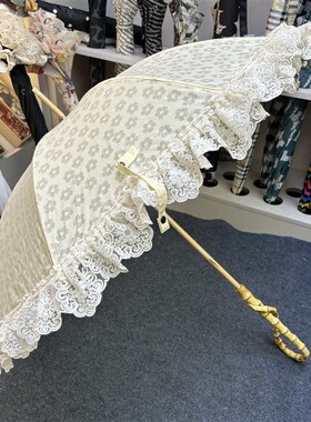 天仙下凡黄色棉布烧花清新公主伞天然竹制手柄蕾丝花边木杆遮阳伞