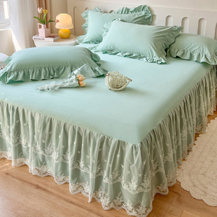 纯棉水洗棉床裙式 蕾丝花边床罩单件全棉防滑床套保护套裙边防尘罩