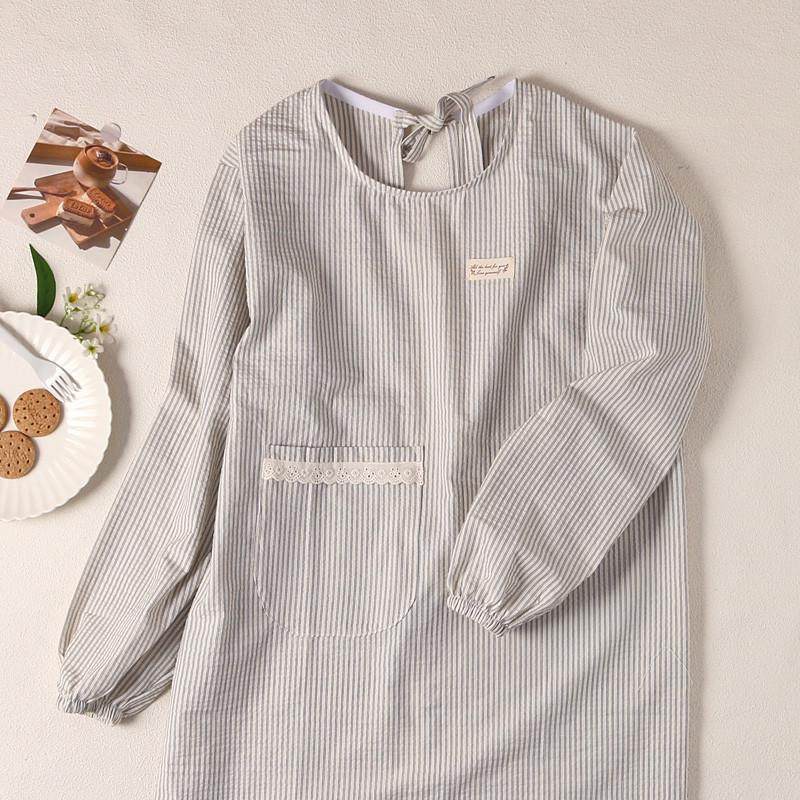 韩系文艺清新条纹薄透气棉布反穿衣家用厨房围裙防污家务长袖罩衣