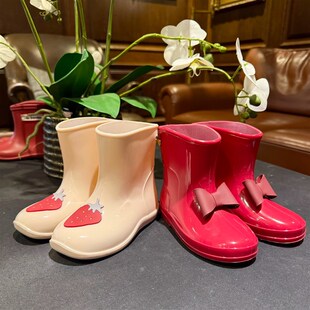 儿童公主日单雨鞋中小童幼儿园小孩防水红色蝴P蝶结果冻鞋女宝雨