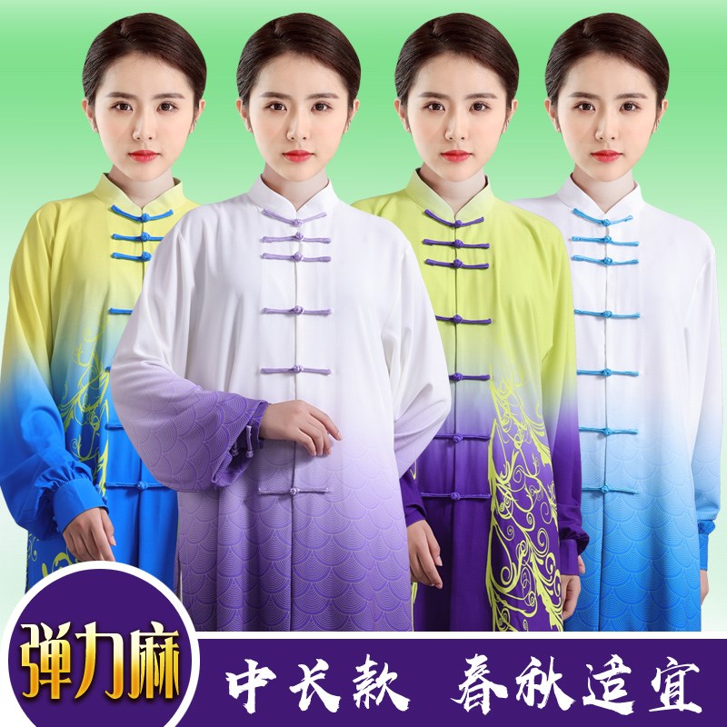 新款2024春秋夏季印花弹力麻太极服女渐变M色中长款男太极拳练功