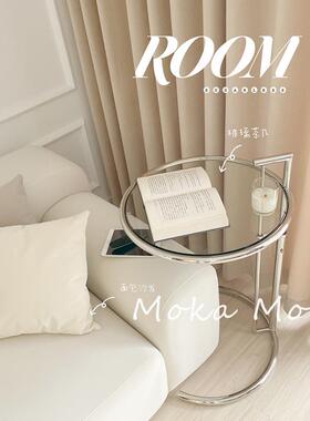 升降小茶几网红ins不锈钢中古玻璃边几北欧简约现代圆桌沙发角几