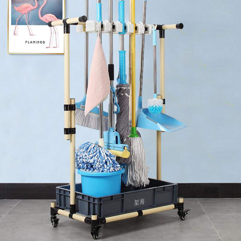 架海可移动拖把架落地式收纳层架可移动整理挂钩清洁工具置物架