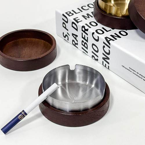 黑胡桃木烟灰缸创意个性有盖防飞灰家用办公室实木轻奢茶几烟缸