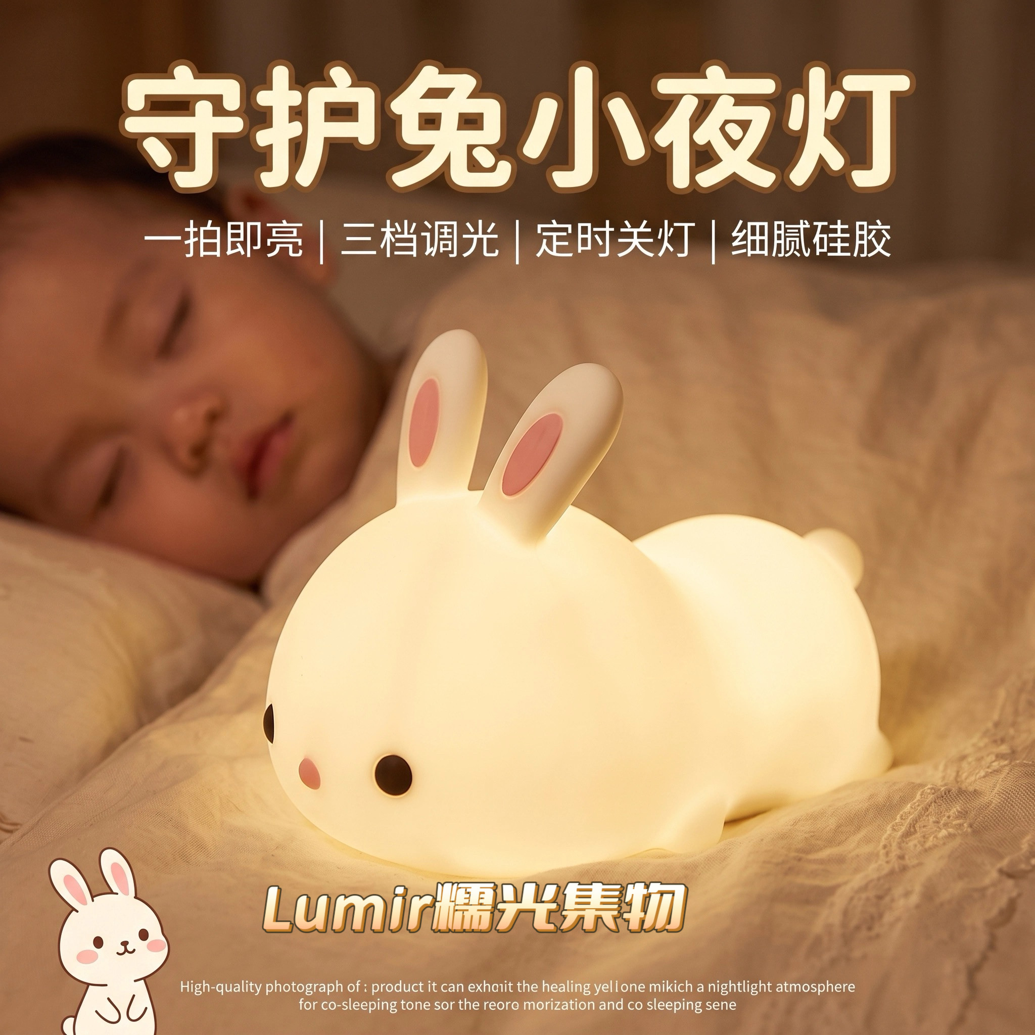 儿童护眼兔子硅胶拍拍小夜灯