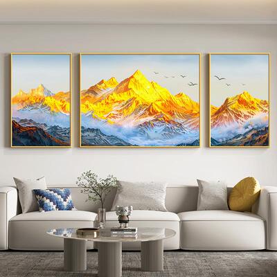 背靠金山客厅背景墙装饰画高档大气靠山图生意人挂画大尺寸三联画