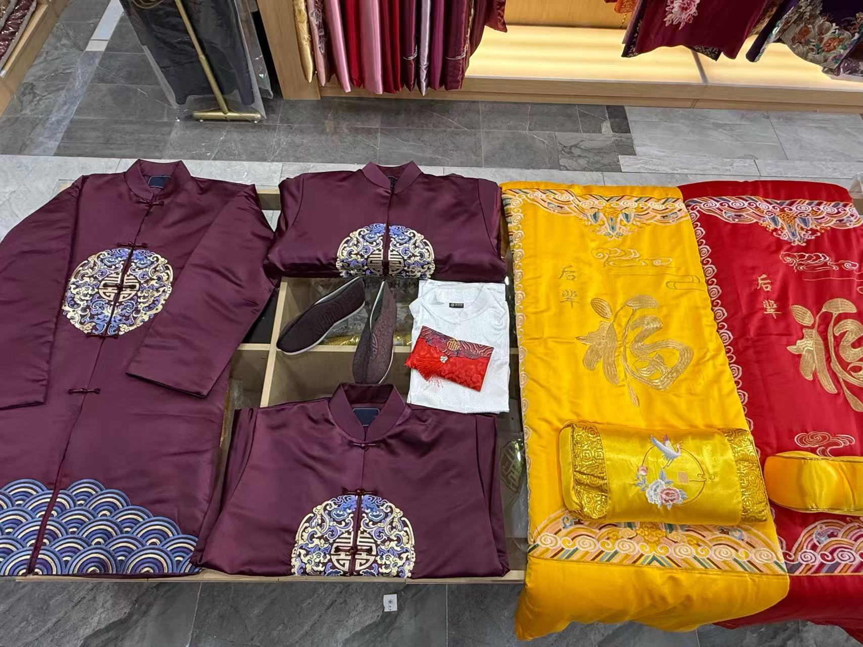 新款寿服男七件套老人寿终衣服高档真丝刺绣冲喜送老衣百年服全套