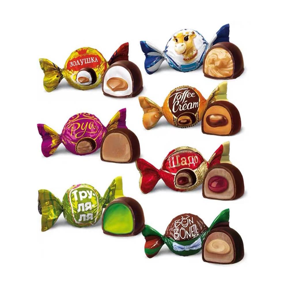 俄罗斯太妃糖进口巧克力夹心糖果袋装混合味果冻糖贵族牌儿童零食