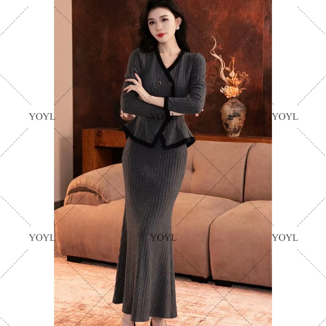 【yola】印记秋冬新款高级法式气质显瘦假两件鱼尾连衣裙-YL11957