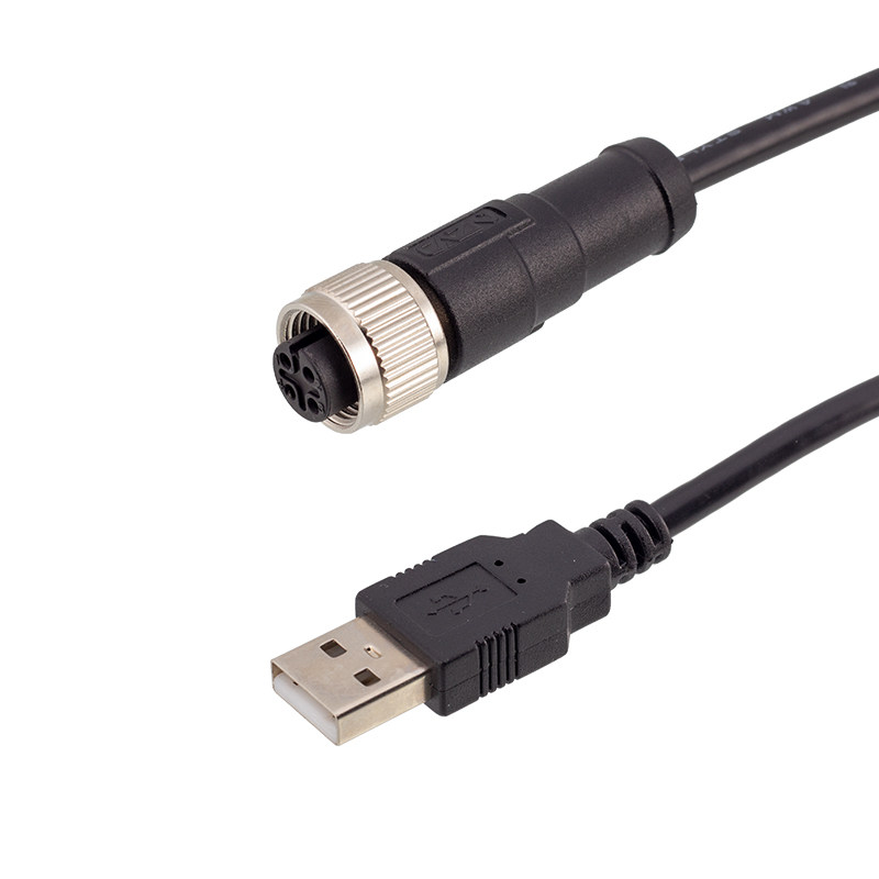M12转USB连接器4芯5芯M12公头母头接USB2.0数据线1M2M5M长度定制
