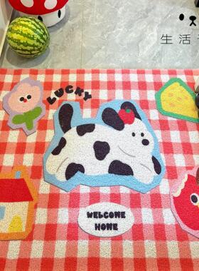 生活予你红色格子小狗家用入户门地垫进门玄关门垫可裁剪门口脚垫