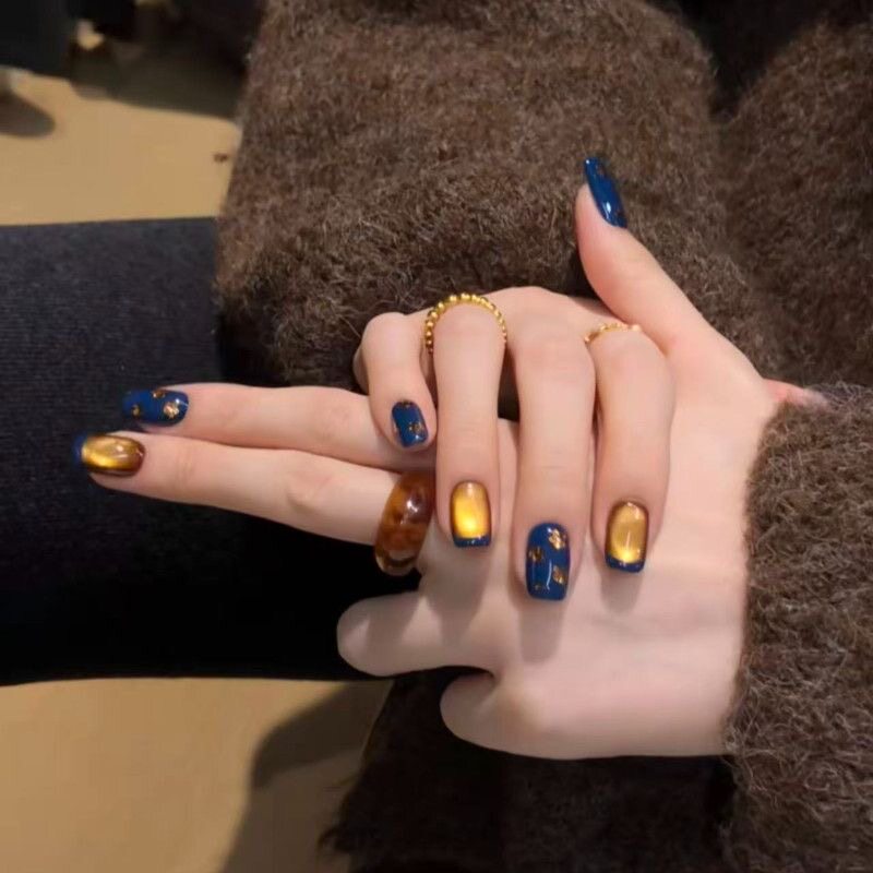 【鎏金小花】纯手工穿戴甲秋冬复古老钱风鎏金猫眼短款蓝色法式美,彩妆/香水/美妆工具,穿戴甲/甲片,淘宝优惠券,粉丝福利购,淘宝优惠卷