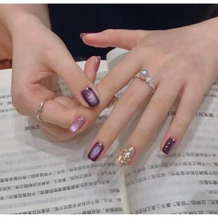 【黑加仑】纯手工穿戴甲高定冰透紫色追光猫眼短款美甲可拆卸贴片