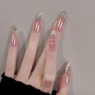 【法式鎏边】纯手工穿戴甲新中式清冷手绘法式金边美甲显白气质甲