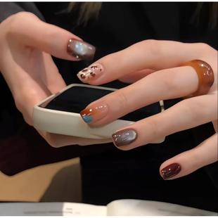 纯手工穿戴甲玻璃珠猫眼秋冬棕色豹纹短款 美甲气质显白可拆卸甲片