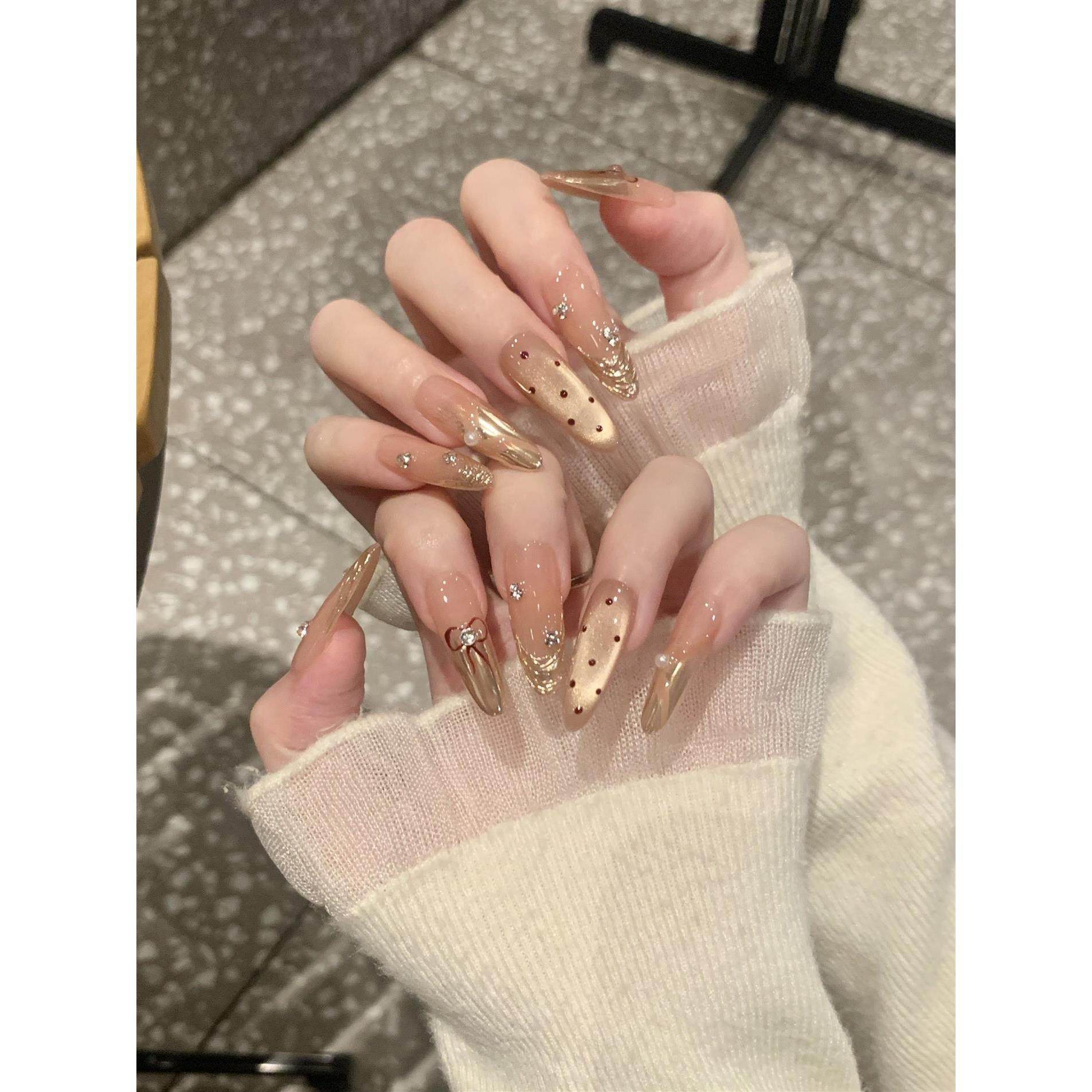 【晚风】纯手工香槟金波点猫眼穿戴甲长款氛围感气质法式魔镜粉美,彩妆/香水/美妆工具,穿戴甲/甲片,淘宝优惠券,粉丝福利购,淘宝优惠卷