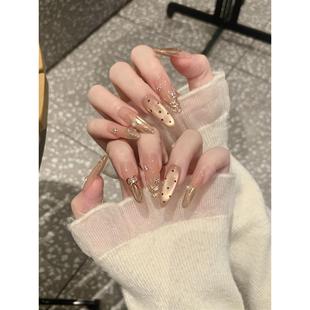 【晚风】纯手工香槟金波点猫眼穿戴甲长款氛围感气质法式魔镜粉美