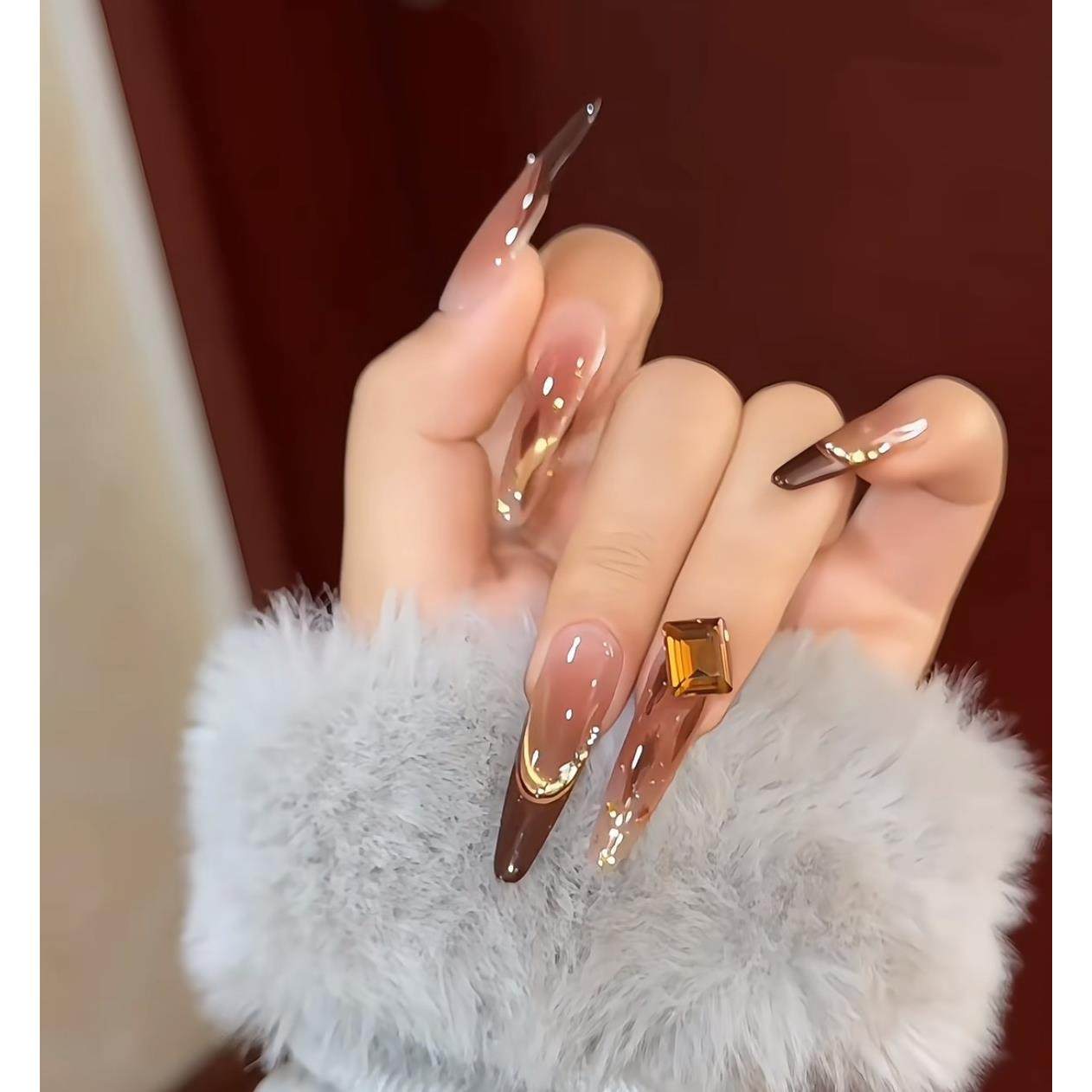 【港风美人】秋冬美拉德纯手工穿戴甲玳瑁猫眼长款显白气质穿戴甲,彩妆/香水/美妆工具,穿戴甲/甲片,淘宝优惠券,粉丝福利购,淘宝优惠卷