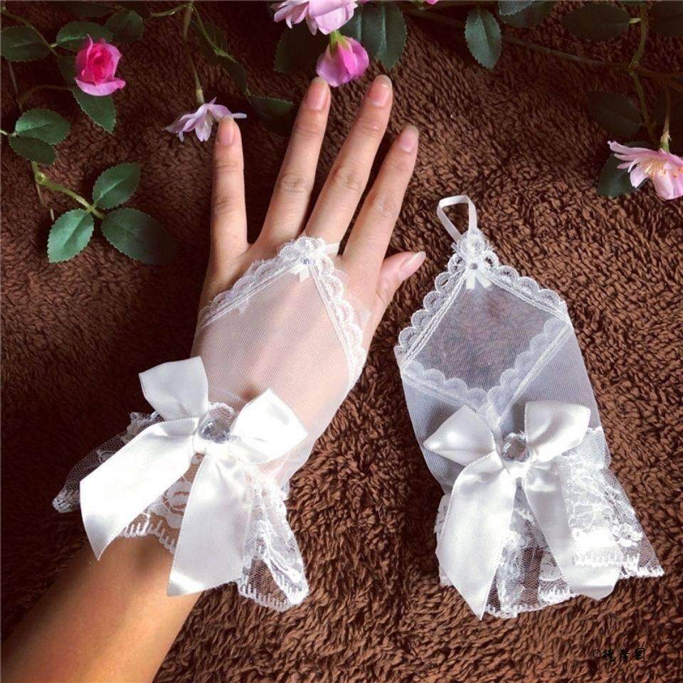 新娘韩式拍照生日网纱蝴蝶结白色手套薄结婚勾指蕾丝婚纱cos