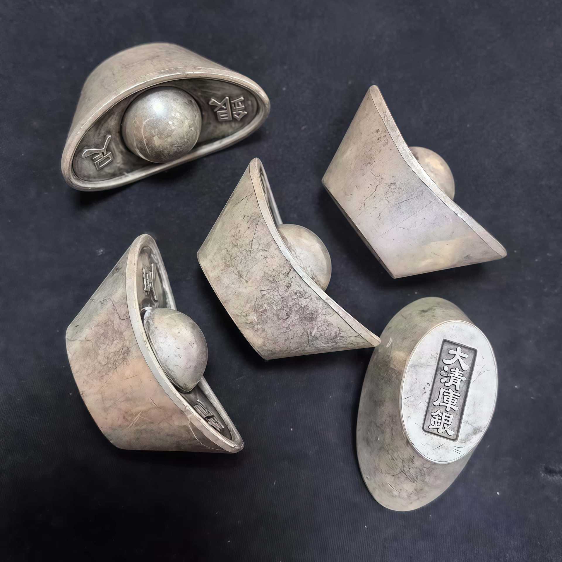 收藏仿古元宝大元宝装饰品银道具镀白铜清库进宝摆件古玩银锭实心