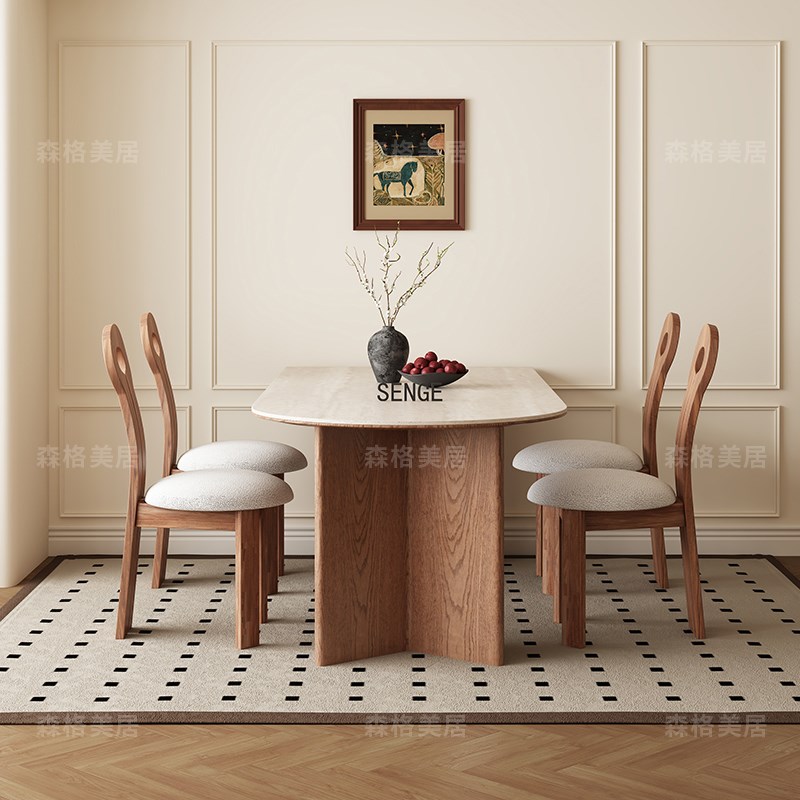 德利丰岩板洞石法式餐桌家用小户型轻奢奶油半圆长方形实木餐桌子