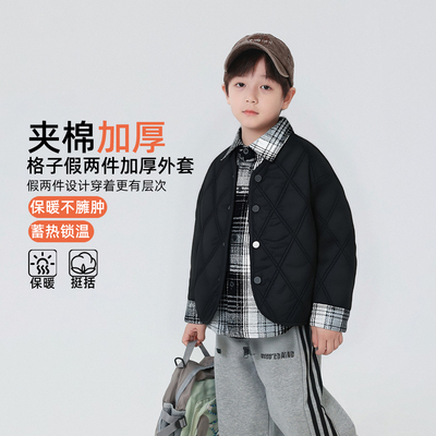 秋冬男童外套夹棉假两件衬衣2025儿童厚夹克中大童洋气薄棉衣
