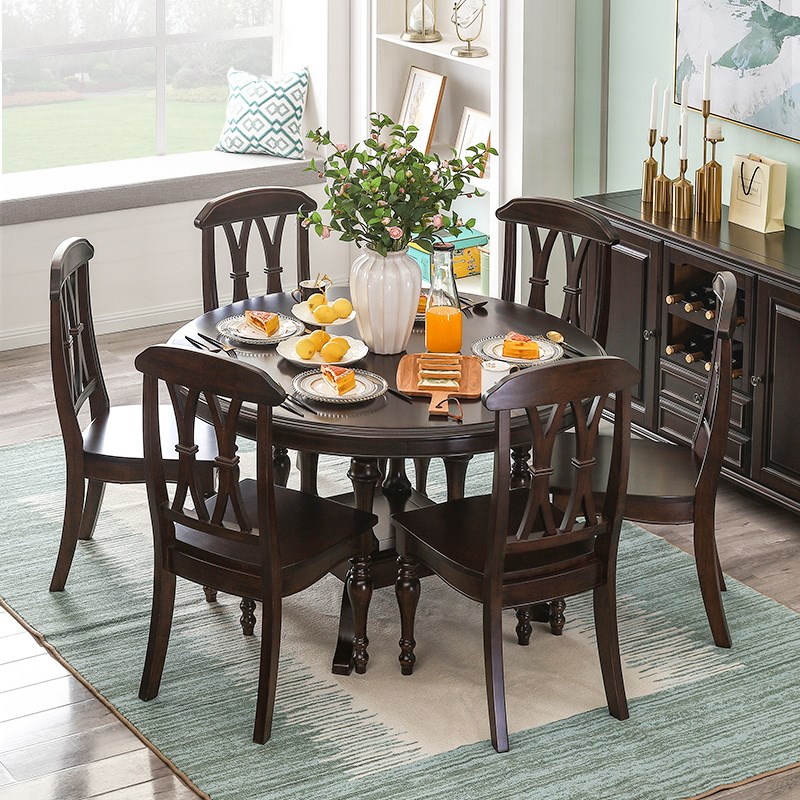 美式轻奢简约全实木圆餐桌椅组合圆形大饭桌子欧式餐厅家用餐台