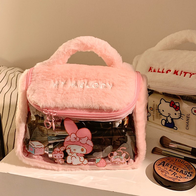 可爱手提毛绒透明化妆包女便携式大容量旅行护肤品洗漱收纳袋网红