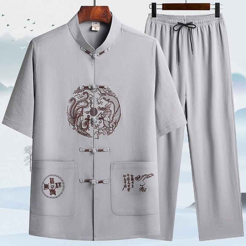 夏季新款唐装爸爸装男短袖太极服中老年中国风薄款老人衣服套装。